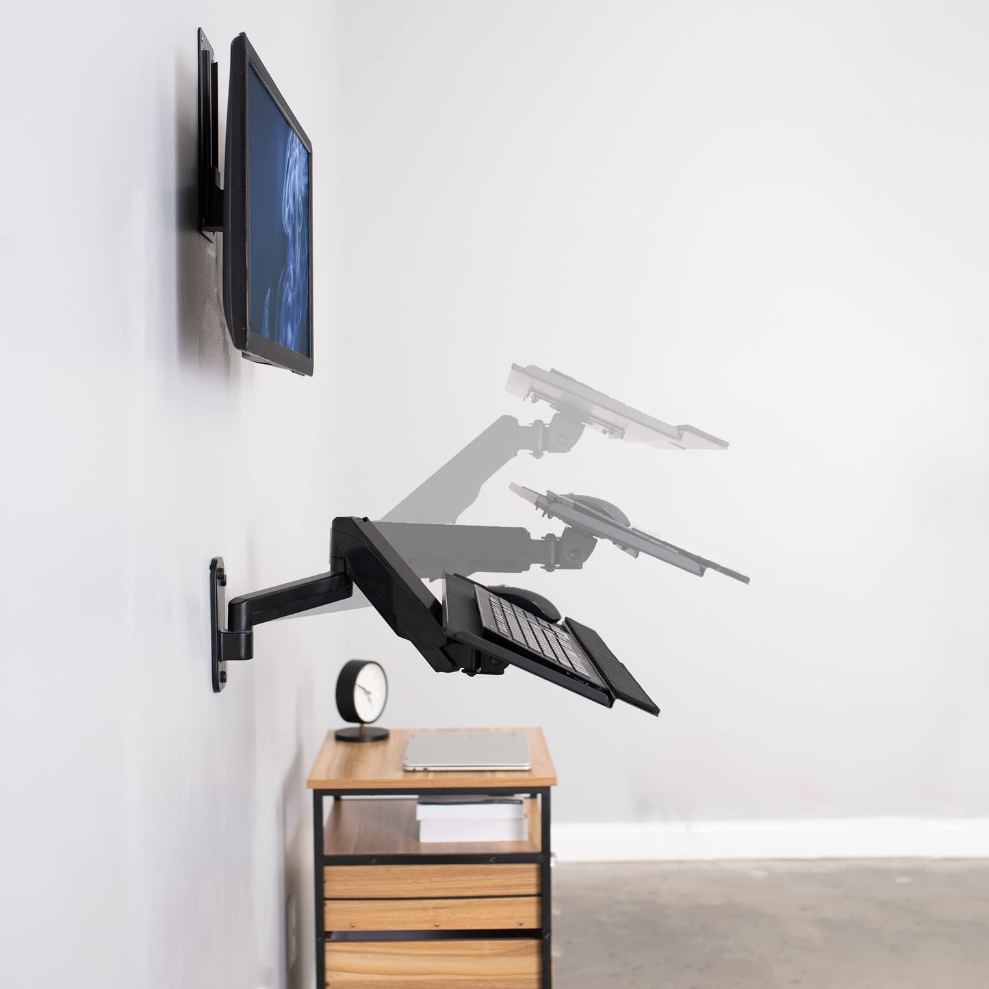 Soporte de Pared VIVO Negro con Bandeja de Teclado y Brazo Neumático para Monitor de 17 a 32 Pulgadas