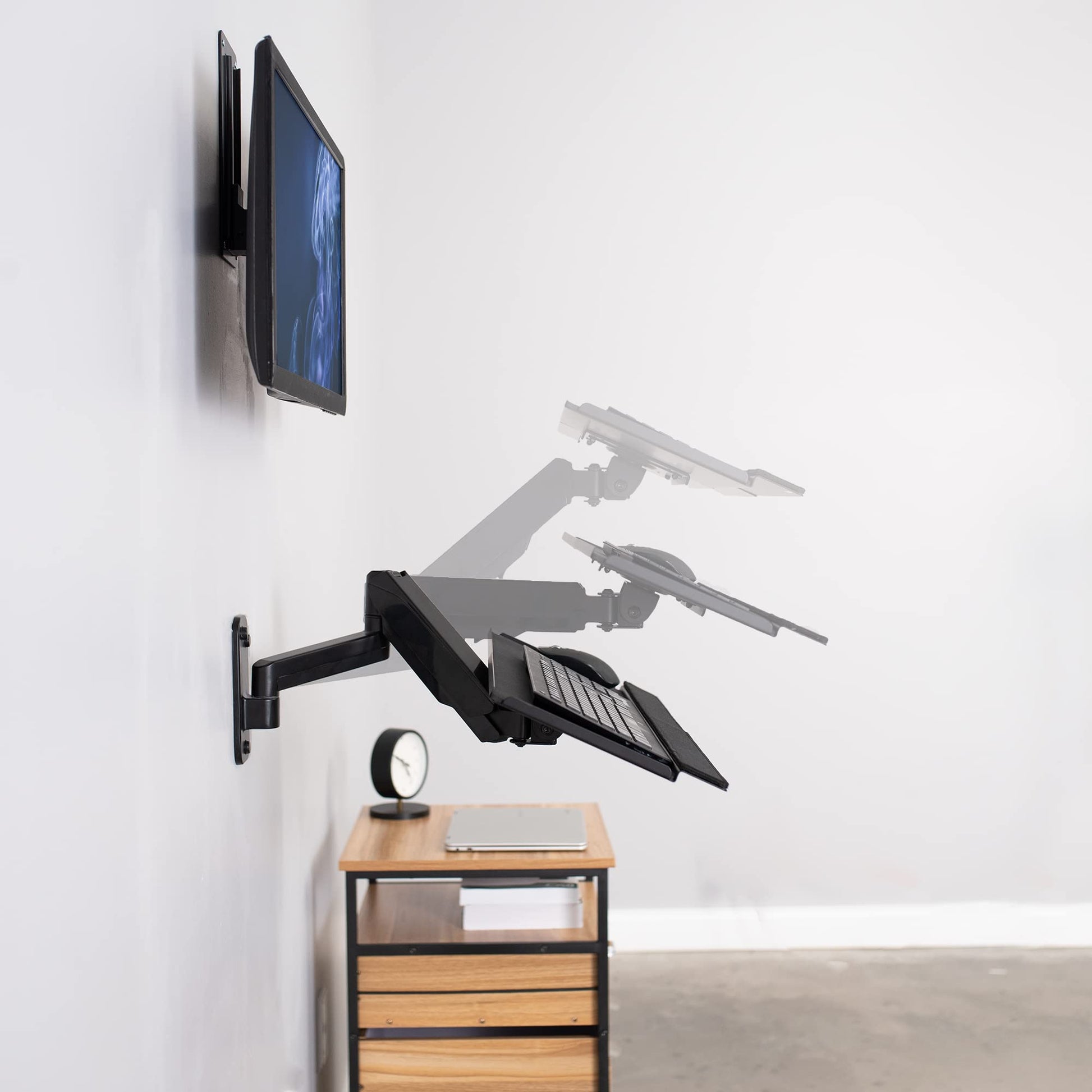 Soporte de Pared VIVO Negro con Bandeja de Teclado y Brazo Neumático para Monitor de 17 a 32 Pulgadas