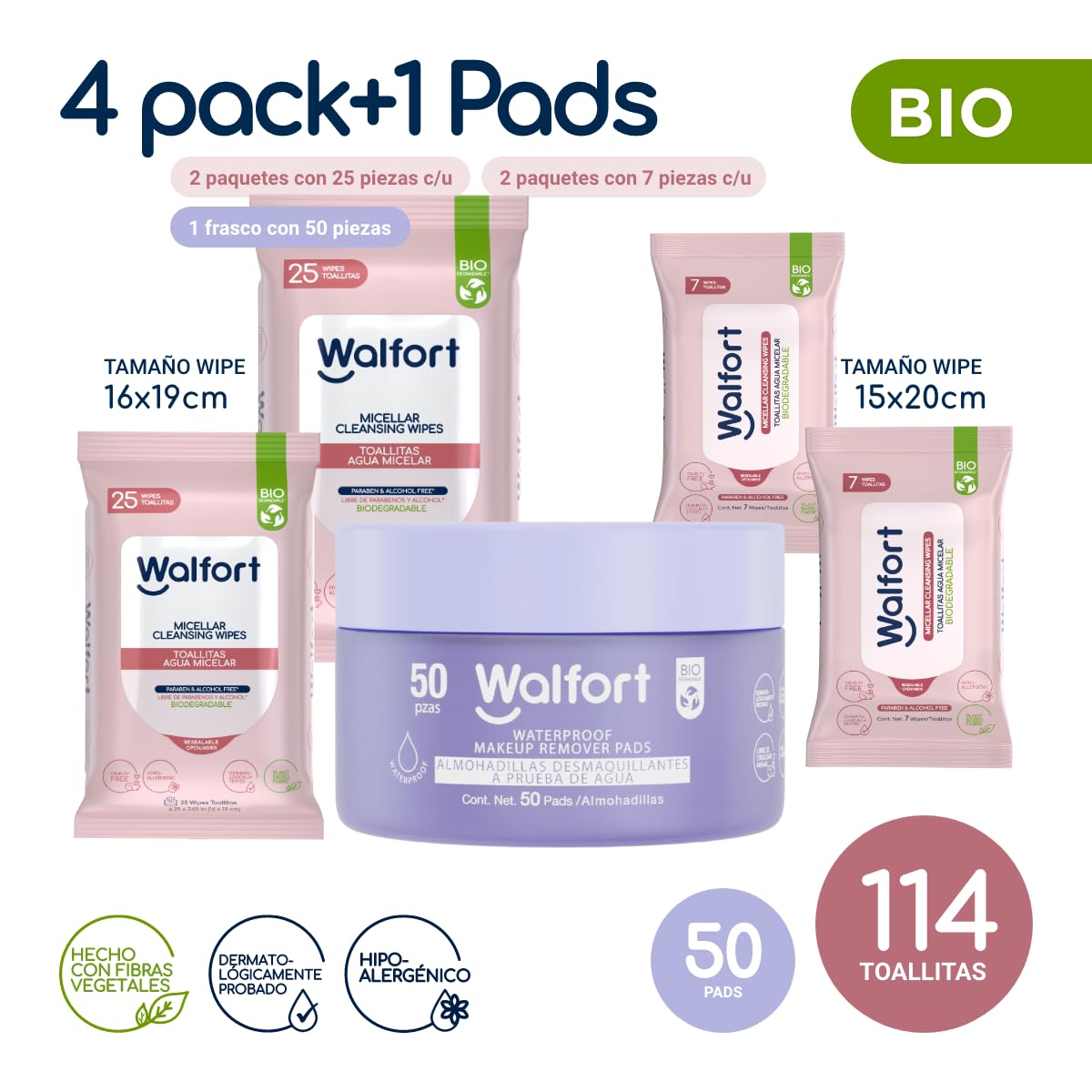 Walfort | Toallitas micelares + Pads desmaquillantes waterproof. Remueven maquillaje, limpian e hidratan. Ideales para el cuidado diario de la piel. Caja con 5 productos