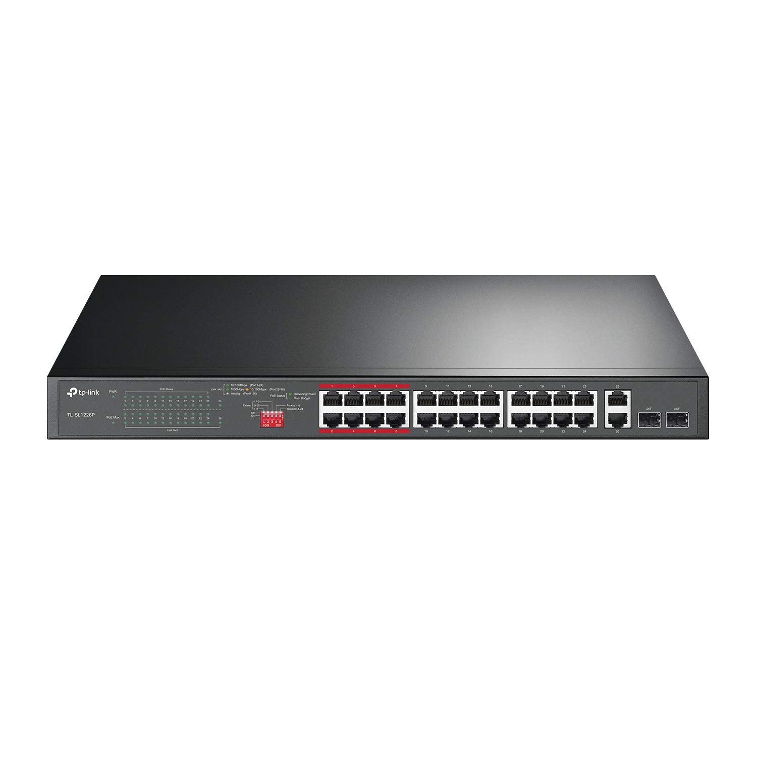TP-Link 24 Puertos 10/100 Mbps Fast Ethernet PoE Switch 24 Puertos PoE+ a 250 W, con 2 Puertos Gigabit de Enlace Ascendente