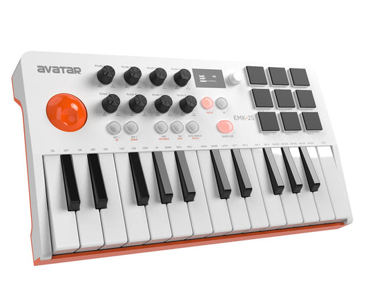 HXW EMK-25 - Teclado MIDI Bluetooth con 25 teclas, 9 almohadillas para orejas de ritmo retroiluminadas, visualización OLED, 8 perillas, software de producción musical incluido