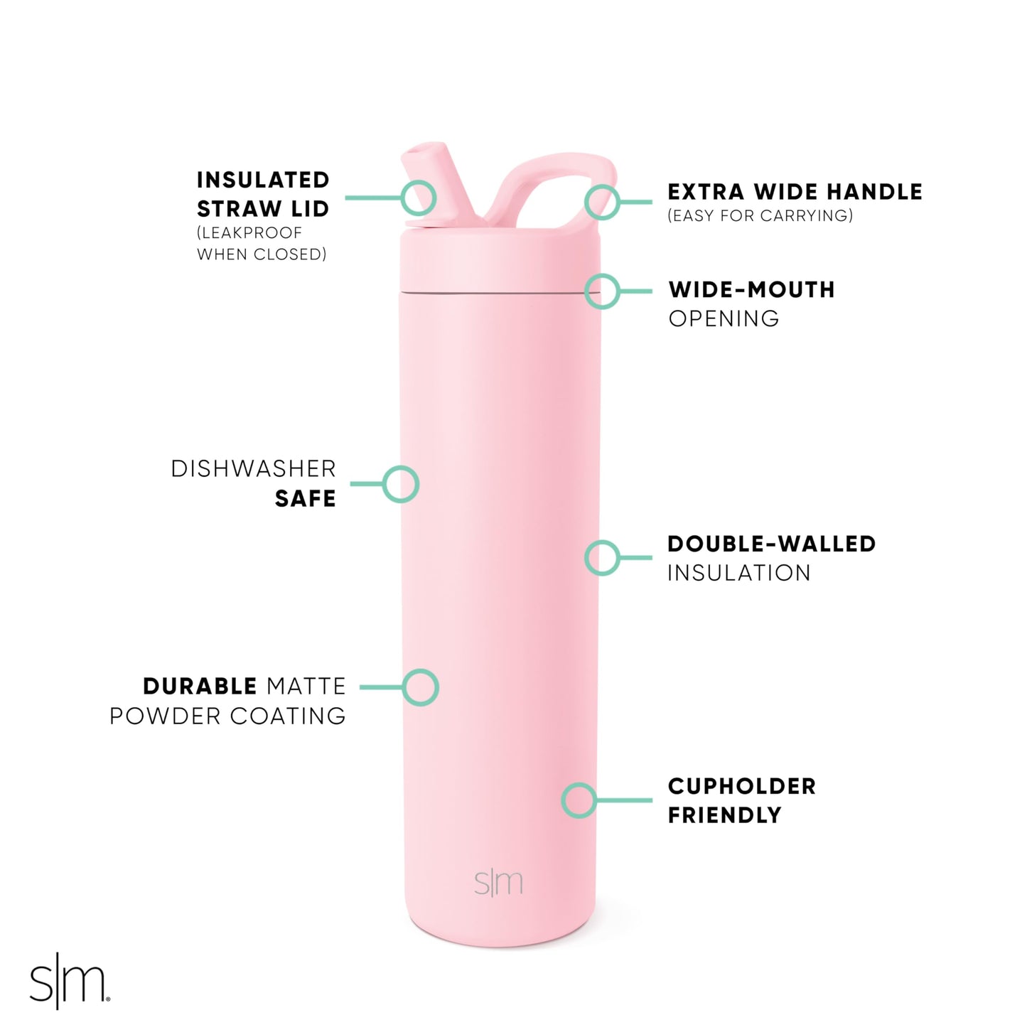 Botella de Agua Simple Modern Blush de Acero Inoxidable con Tapa de Popote Aislado para Viaje y Deportes