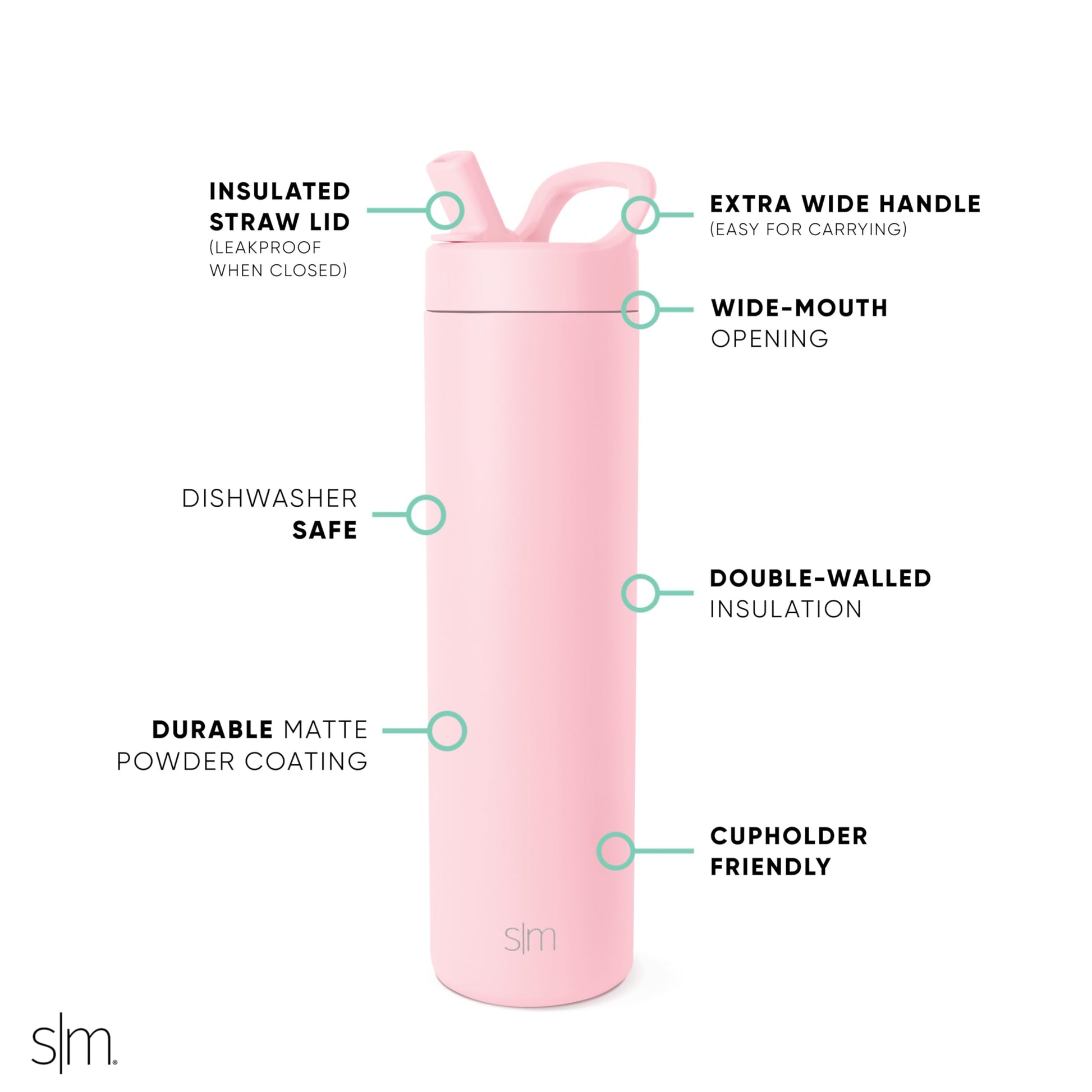 Botella de Agua Simple Modern Blush de Acero Inoxidable con Tapa de Popote Aislado para Viaje y Deportes