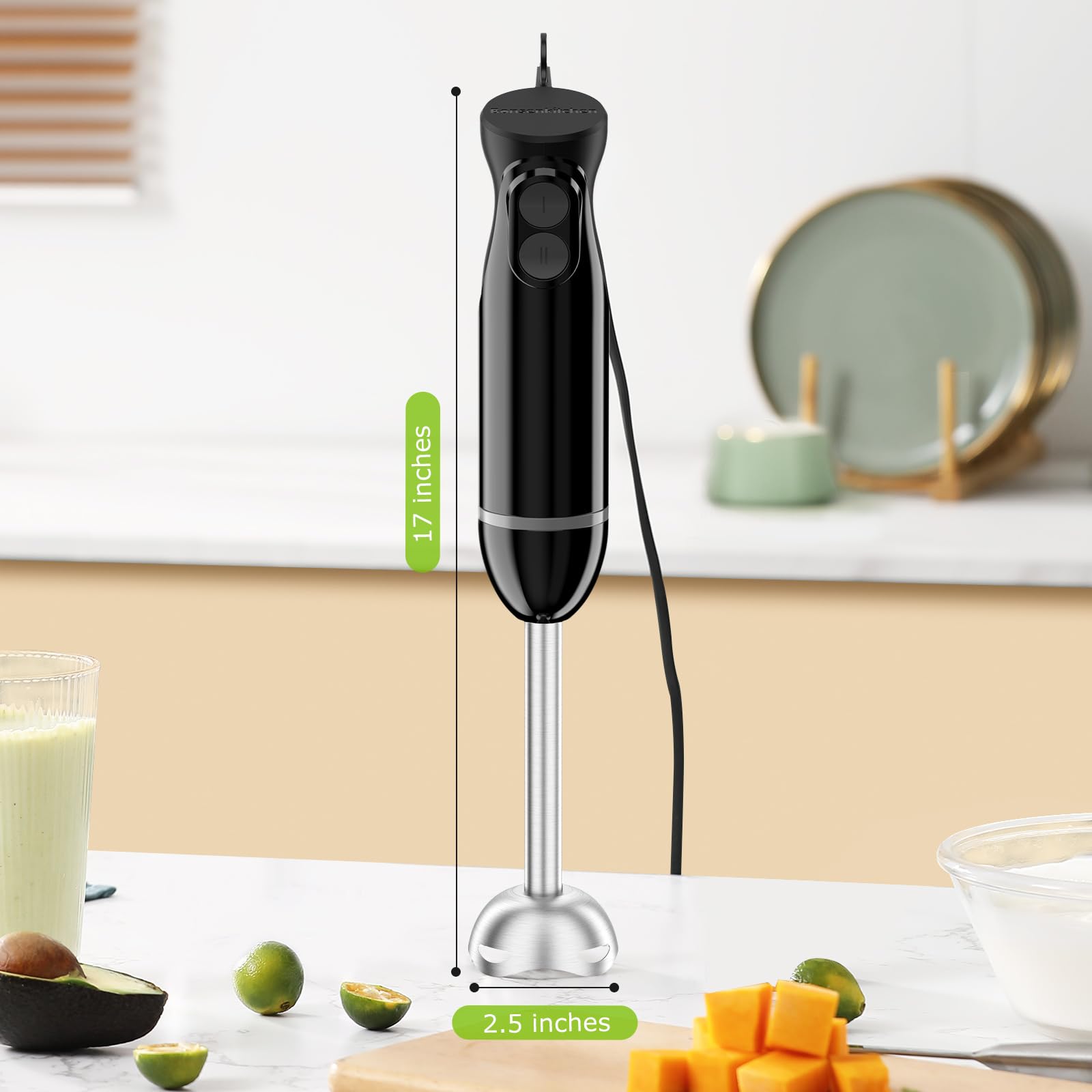 Bonsenkitchen Batidora de mano con 2 velocidades de mezcla, batidora de mano eléctrica portátil con cuchillas de acero inoxidable para sopa, licuado, puré, comida para bebés