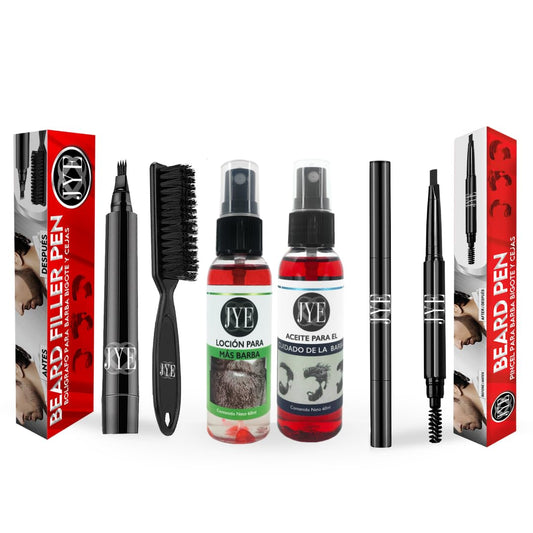 JYE Kit de BOLIGRAFO y PINCEL para rellenar huecos de barba y Bigote, Impermeable, Cubre canas. Incluye tratamiento natural para crecimiento de barba y aceite para barba JYE
