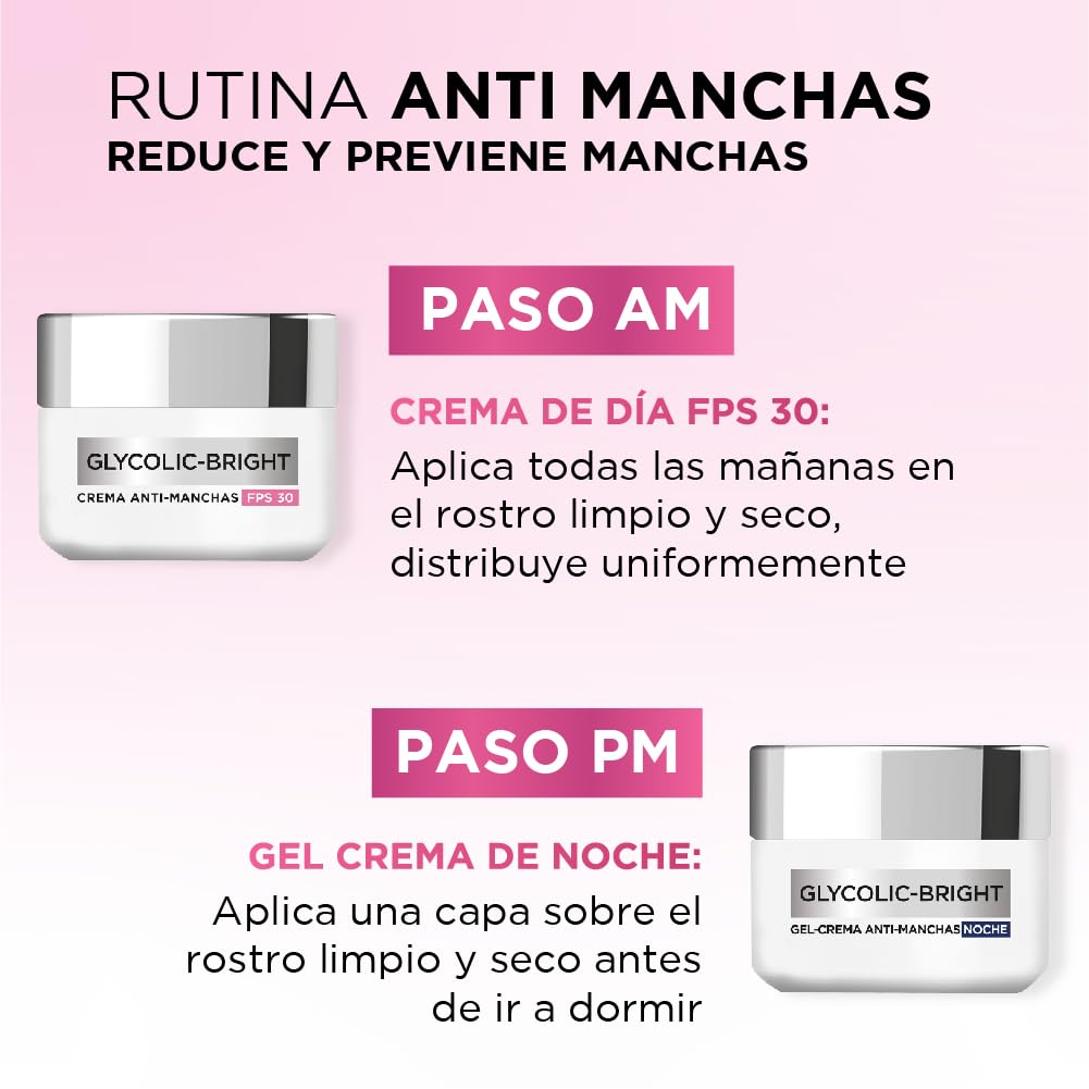 L'Oréal Paris Kit Rutina Completa Glycolic Bright; Gel limpiador, Crema día, Crema Noche y Serum, Anti-Manchas con Ácido Glicólico y Niacinamida