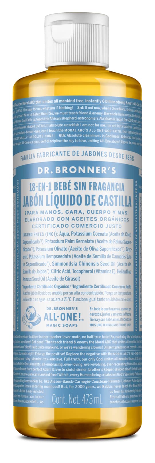 Dr. Bronner's | Jabón de castilla orgánico líquido multiusos, fórmula concentrada, suavidad pura y cuidado para piel sensible, sin aceites esenciales naturales, aroma Sin Aroma (473 ml)
