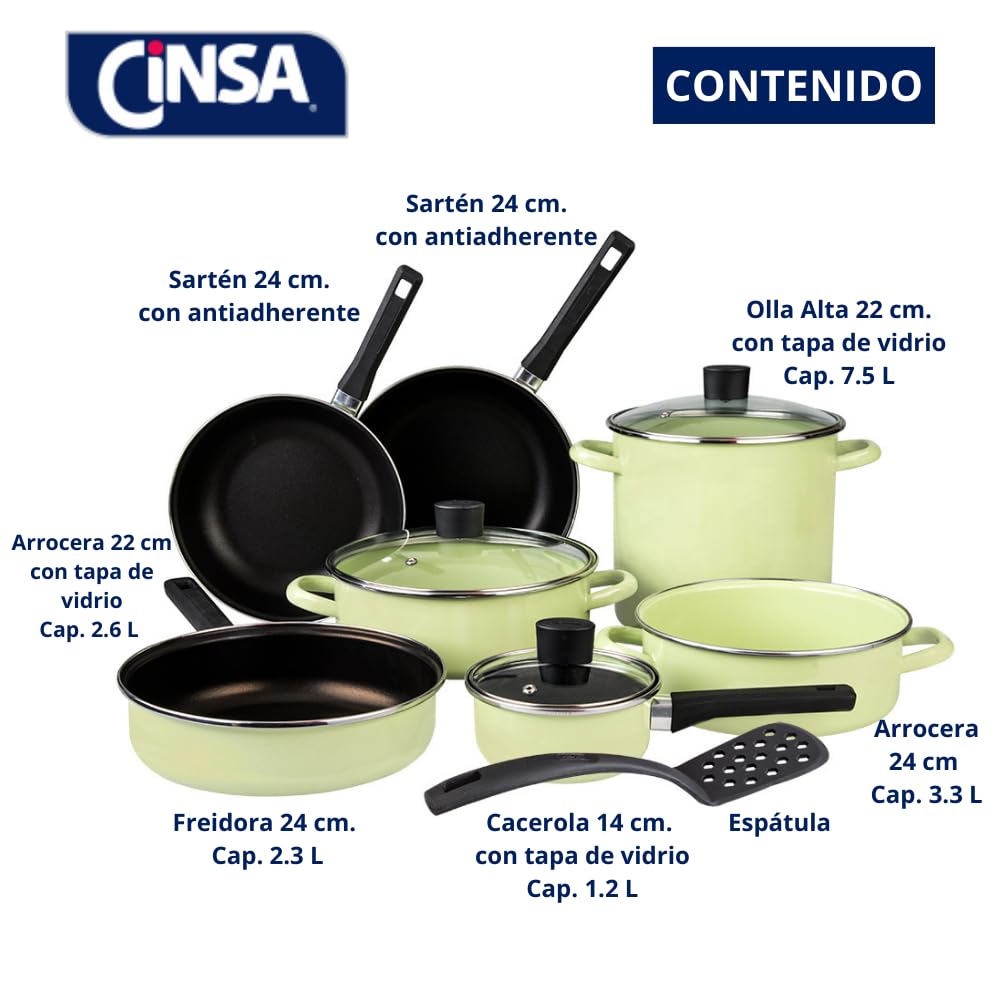 Cinsa Bateria de Cocina Pontevedra 11 piezas de Peltre Pesado (Verde Manzana)