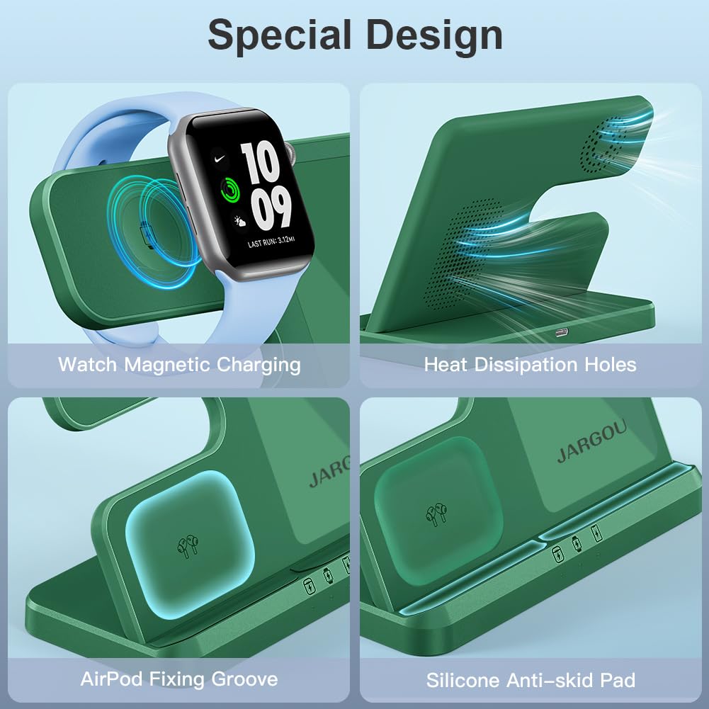 JARGOU - Estación de carga 3 en 1 para Apple Cargador inalámbrico para iPhone 16 15 14 13 12 11 X 8 y para Apple Watch Charger estación de carga inalámbrica para múltiples dispositivos para AirPods 4
