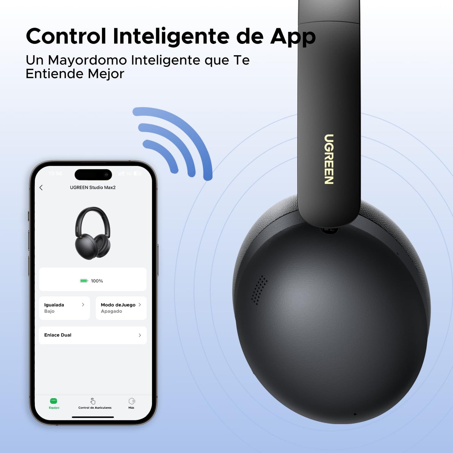 Audífonos Inalámbricos UGREEN Negruzco con Micrófono y Bluetooth 5.4, 40mm Controladores, 243g Ligero, 80 Horas de Reproducción, Gamer, Conexión Dual