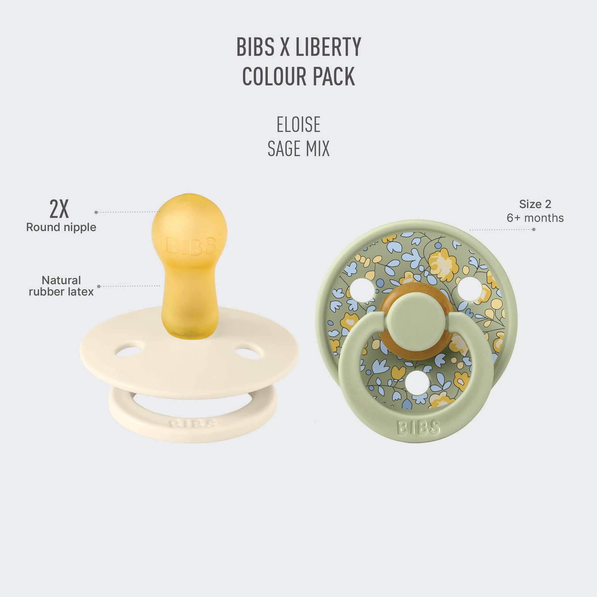 BIBS Liberty diseño Exclusivo 2 chupetes. Libre de BPA, Tetina redonda. Látex natural, Talla 1 (6-18 meses) Sage Mix