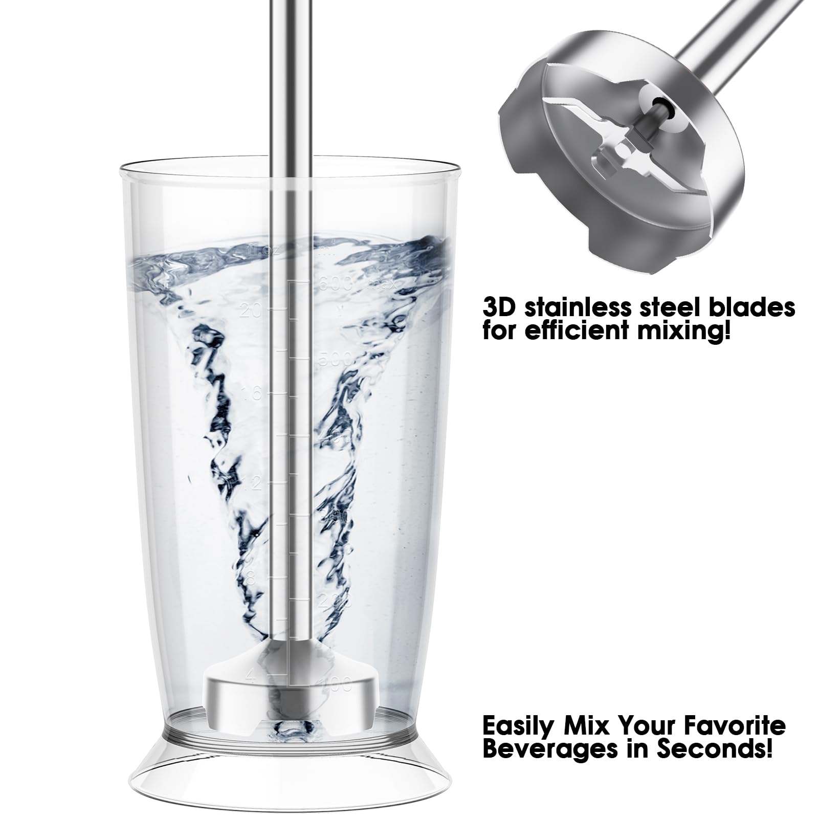 Blackcow Potente licuadora de inmersión 3.0, sin BPA, 800 W eléctrica licuadora de mano con 12 velocidades y turbo, licuadora de palo para sopa, licuado, puré, base desmontable, cuchillas 3D de acero
