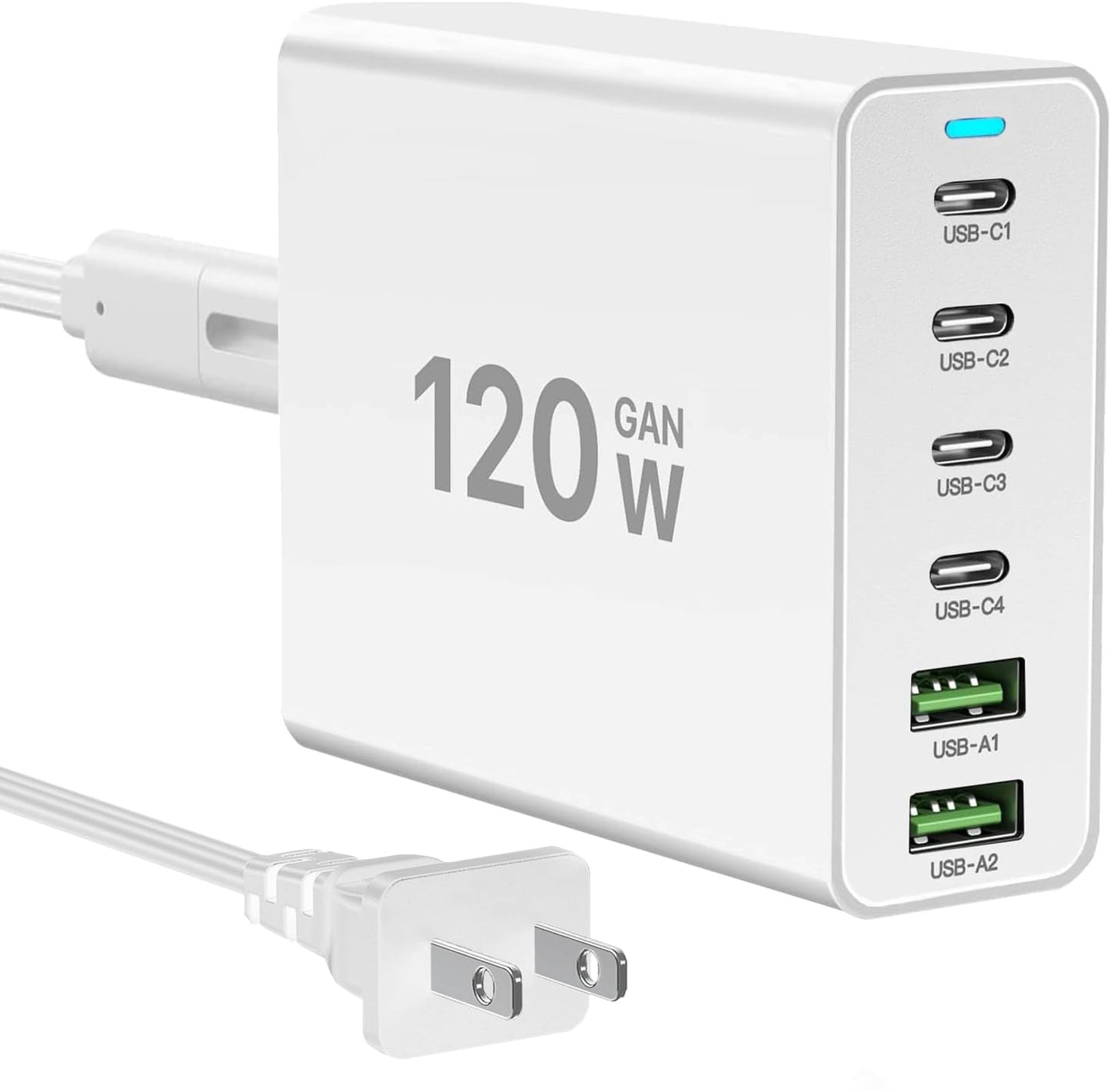 Bloque de cargador rápido USB C, 120 W GaN 6 puertos (6 x 20 W) tipo C PD cargador, enchufe adaptador de alimentación de estación de carga USBC 【4 USB C + 2 USB A】 Compatible con iPad/iPhone 16/15/14