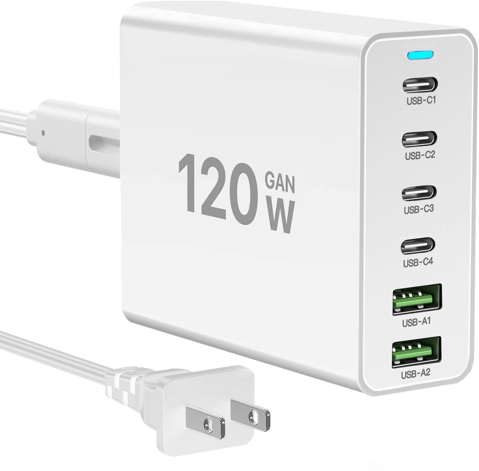 Bloque de cargador rápido USB C, 120 W GaN 6 puertos (6 x 20 W) tipo C PD cargador, enchufe adaptador de alimentación de estación de carga USBC 【4 USB C + 2 USB A】 Compatible con iPad/iPhone 16/15/14