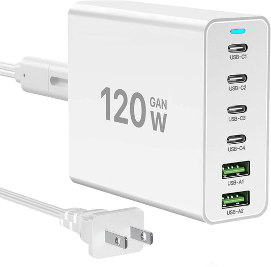 Bloque de cargador rápido USB C, 120 W GaN 6 puertos (6 x 20 W) tipo C PD cargador, enchufe adaptador de alimentación de estación de carga USBC 【4 USB C + 2 USB A】 Compatible con iPad/iPhone 16/15/14