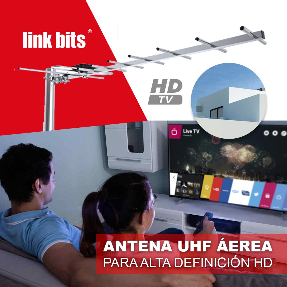 LINK BITS EXHD02 Antena TV Digital Exterior HD, recepción amplificada, Canales televisión Abierta (Incluye 10m de Cable Reforzado)