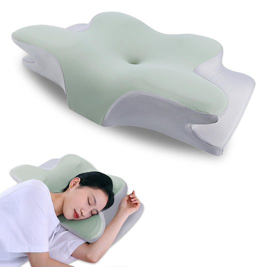 JeeLeeko Almohada Cervical de Espuma con Memoria 2en1 Almohada Ortopédica Ergonómica para Dolor de Cuello y Soporte Contorneado para Dormir de Lado, Espalda o Estómago (Embalaje Normal, Verde)