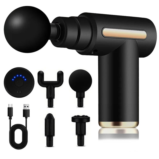 Pistola de Masaje Muscular con 4 Cabezas, Carga USB Masajeador Portatil Muscular, Mini Masajeador de 6 Velocidades Masaje Profesional para Musculos, Ligamentos y Tejidos (Negro-1)