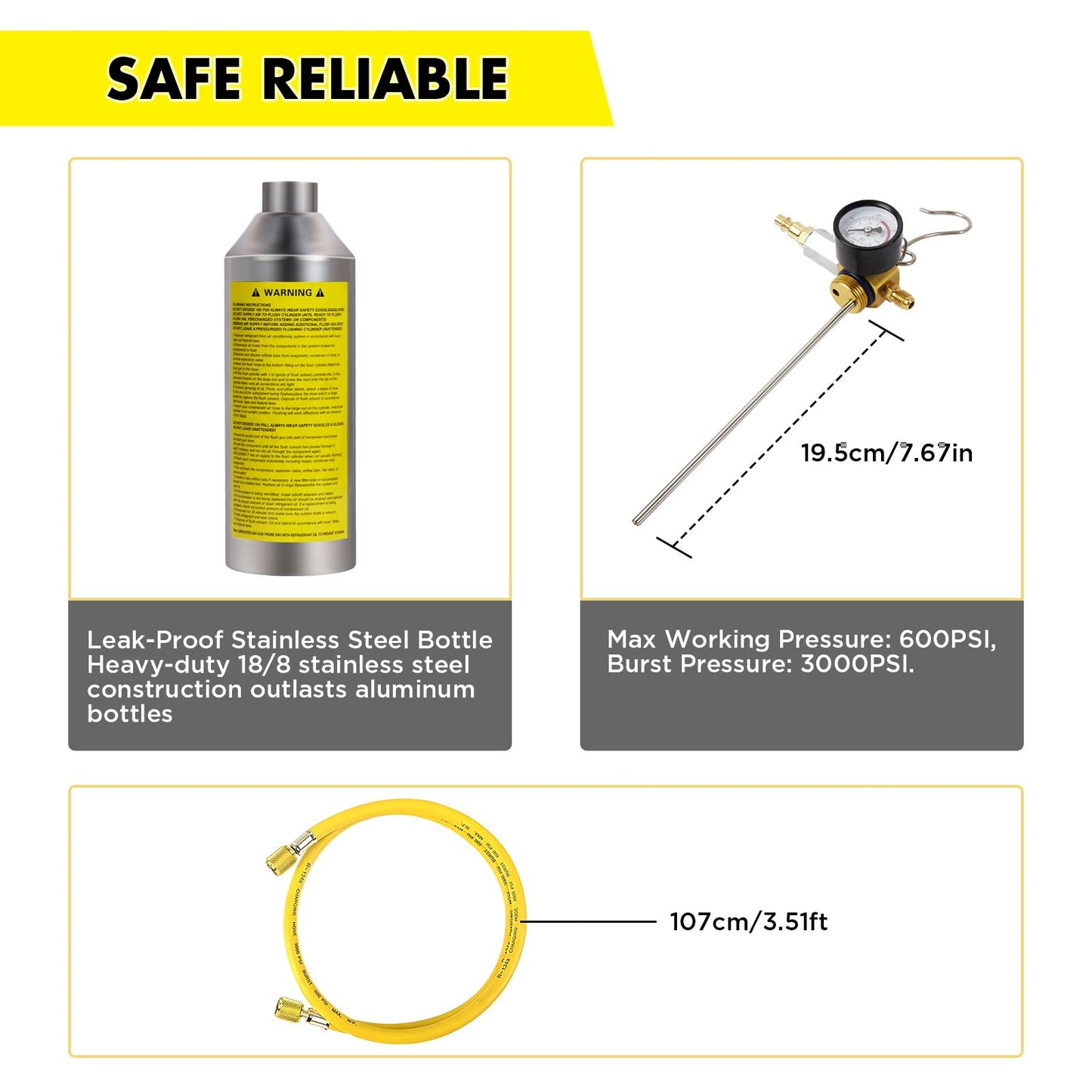 Kit de descarga de CA para sistemas de CA para automóviles y domésticos, juego de herramientas de limpieza de aire acondicionado con manómetro, manguera de nailon y recipiente de acero inoxidable para