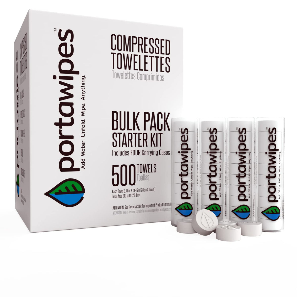 Paquete de 500 Toallas de Papel Comprimido Portawipes con 4 Estuches de Transporte