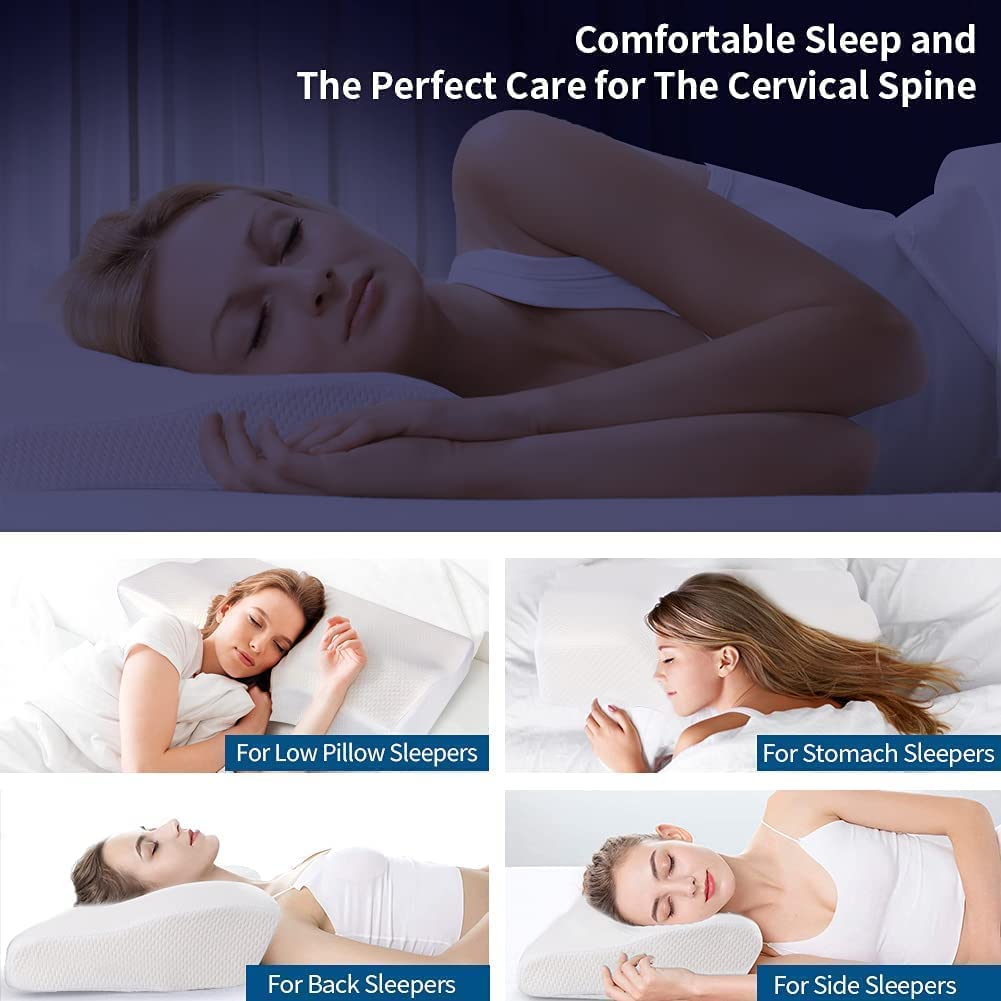 HOOSUFU Almohada Cervical de Memory Foam Almohada Ortopédica para Aliviar el Dolor en el Cuello y Los Hombros Funda Lavable Almohada viscoelástica Azul,Funda de Almohada Blanca