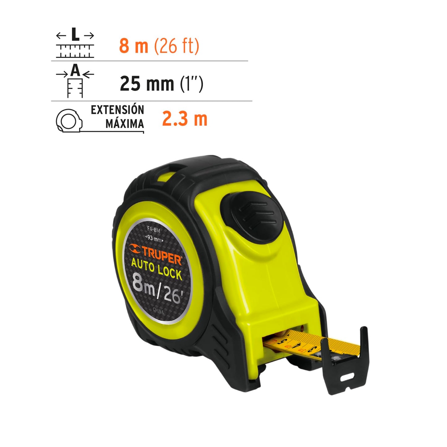 Flexómetro Truper Auto-Lock Gris Impactos 8 m Cinta 25 mm