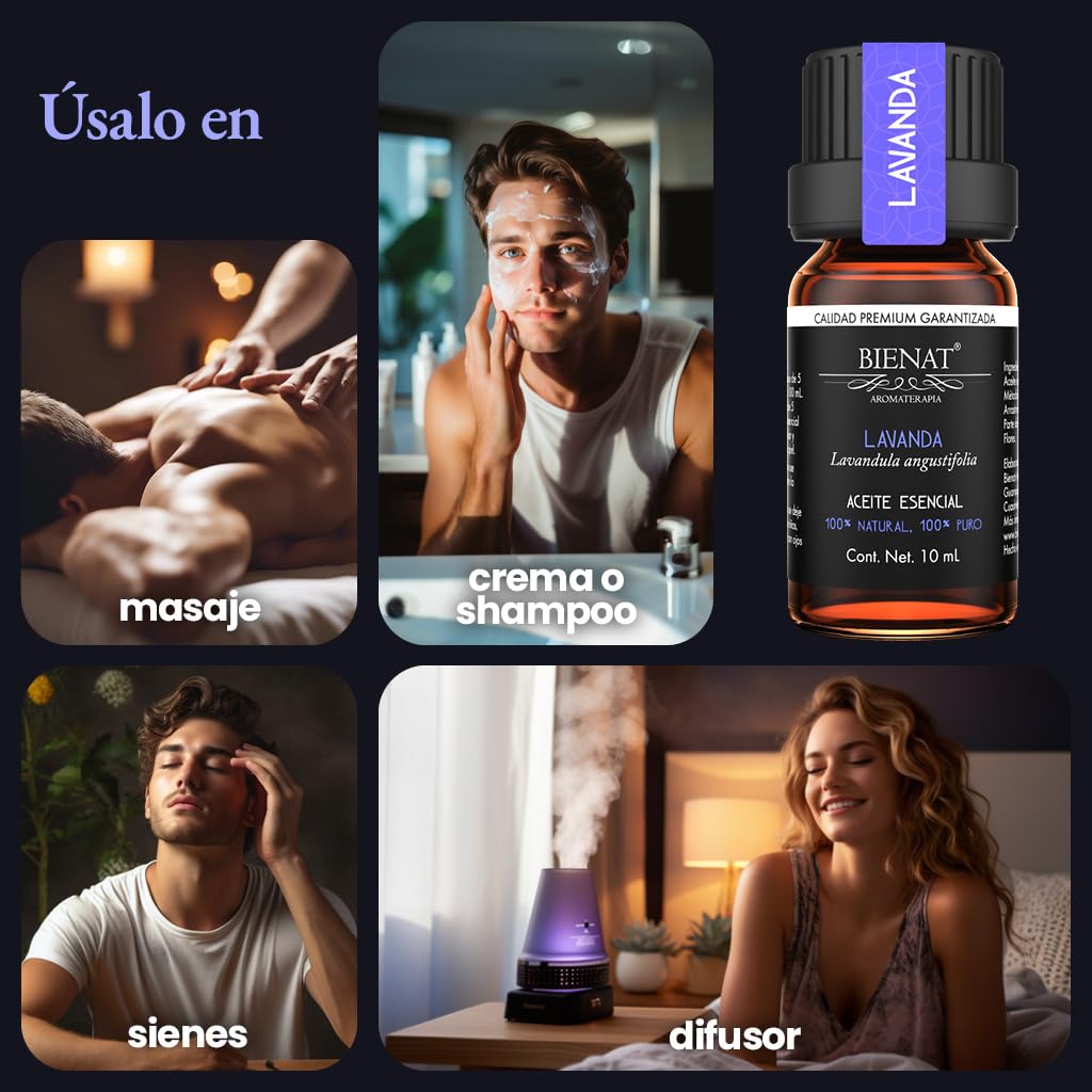 BIENAT AROMATERAPIA Aceite Esencial de Lavanda 10mL | 100% Puro y Concentrado | Ideal para Difusor de Aromas, Humidificador, Aromaterapia, Masajes, Meditación, Jabones y Velas | Esencia Natural en Gotas