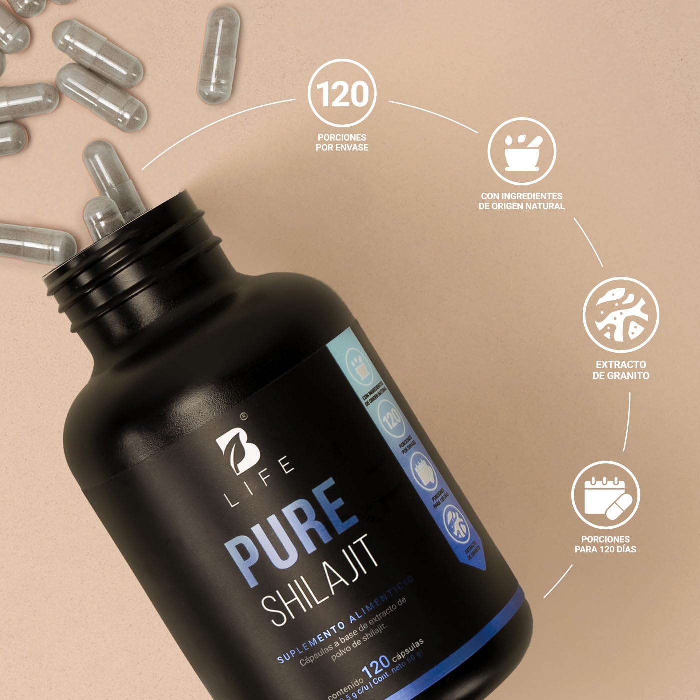 B Life Shilajit Puro | 120 cápsulas | Alta Pureza | Energía, Vitalidad y Balance Hormonal | Extracto 100% Puro | Pure Shilajit | B Life.