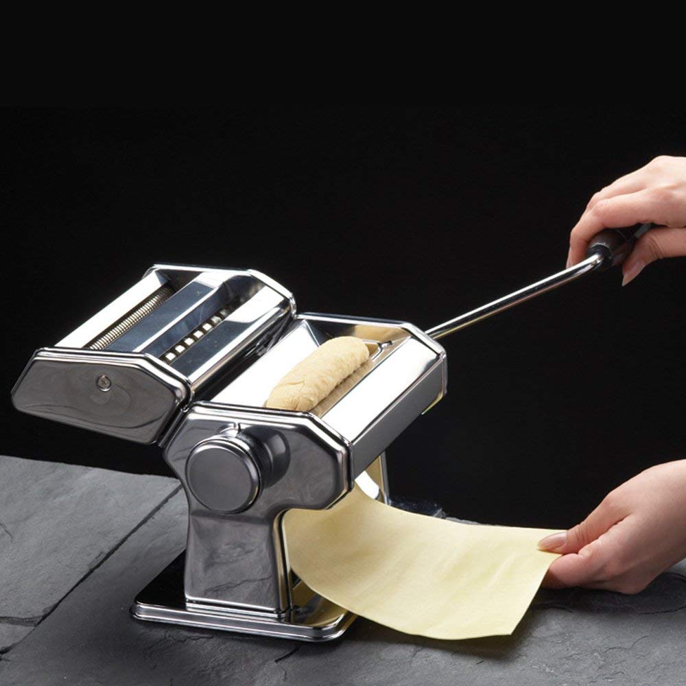 Máquina para hacer pasta manual GOURMEX de acero inoxidable con ajustes de grosor, perfecta para espaguetis y fettuccini caseros profesionales. Incluye mango y abrazadera extraíbles (Plata)