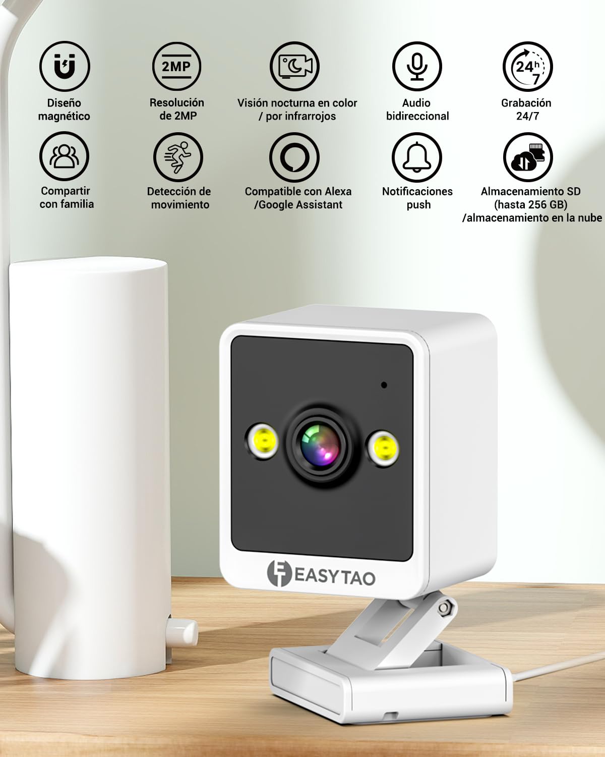 Cámara de Seguridad EASYTAO Blanca con Instalación Magnética y Visión Nocturna (Pack de 2) Compatible con Alexa