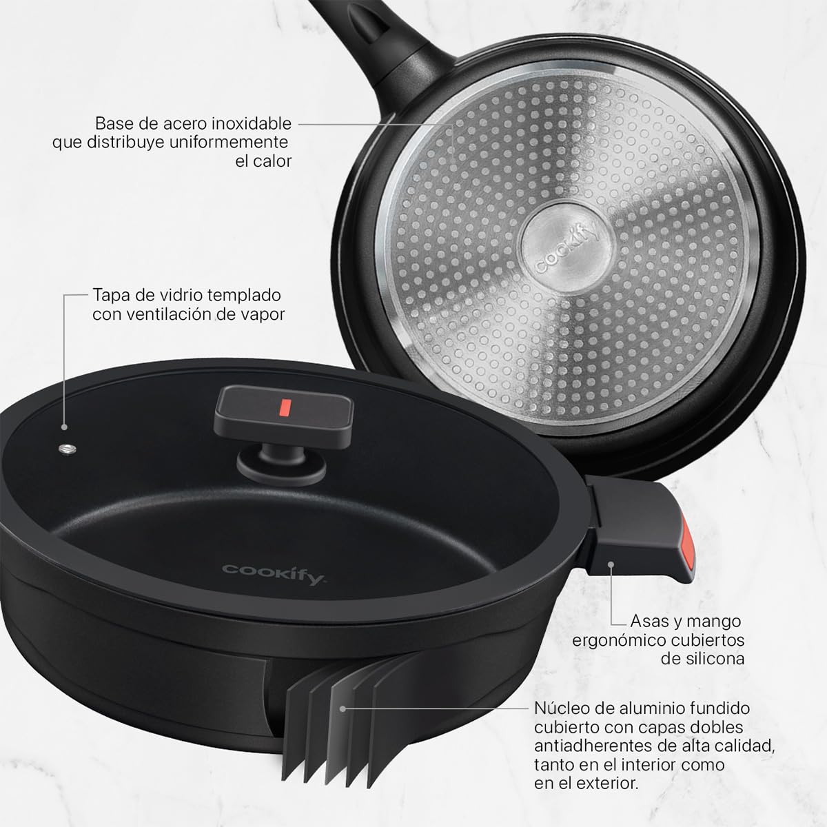 Cookify Set de Sarten y Cacerola de Aluminio con Revestimiento Antiadherente para todo tipo de estufas (3 piezas - 28 cm)