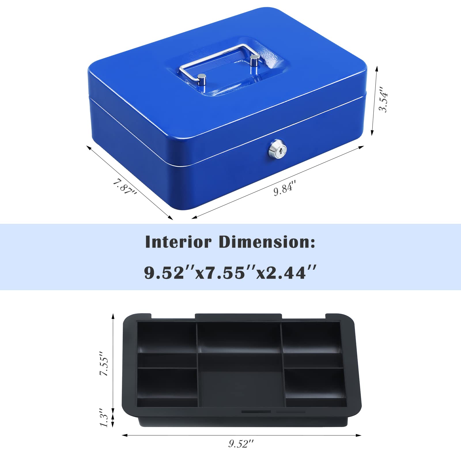 Caja de Acero xydled Azul con Bandeja Extraíble para Monedas y Cerradura de Llave
