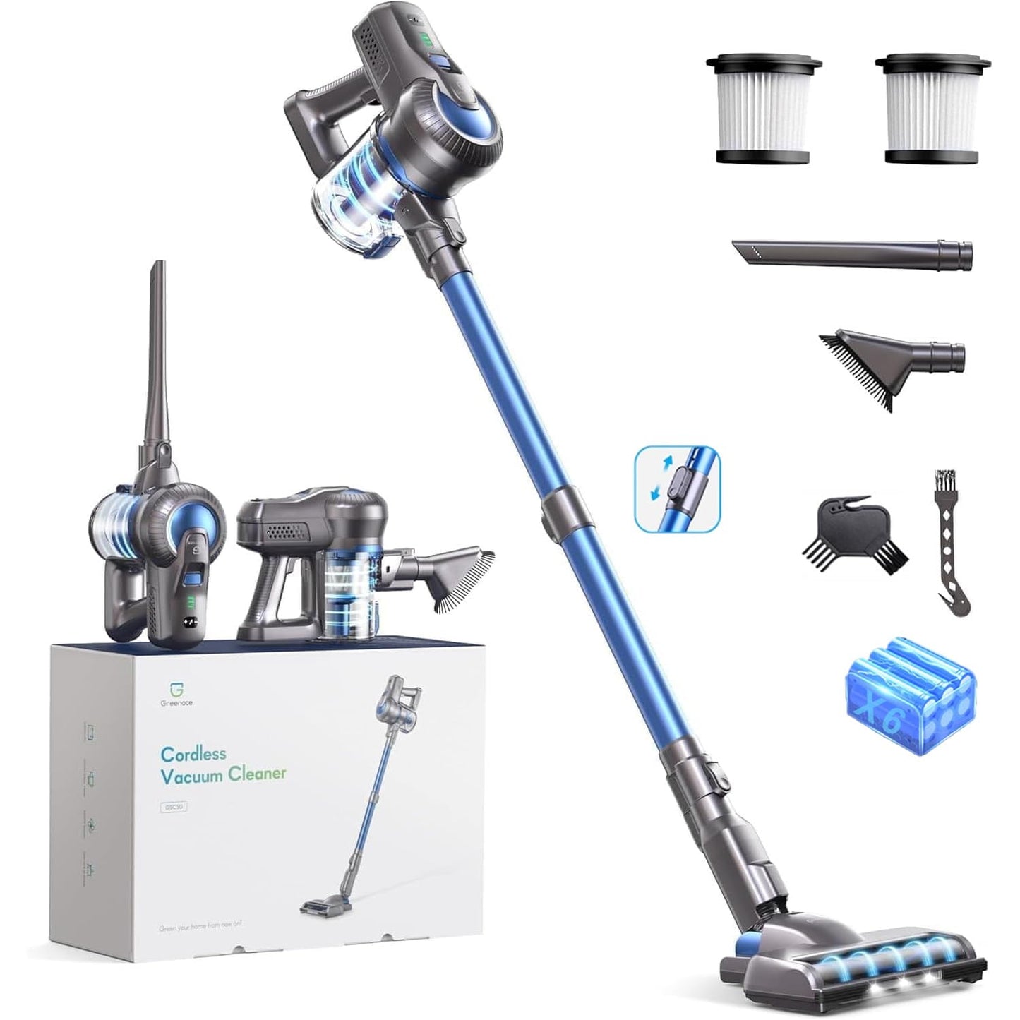 Greenote aspiradora inalambrica, 22000 Pa aspiradora de Mano 4 en 1, 200 W aspiradoras potentes con LED, Vacuum Cleaner de función de autoportante, Cepillo para Suelos Duros/pelos de Mascotas