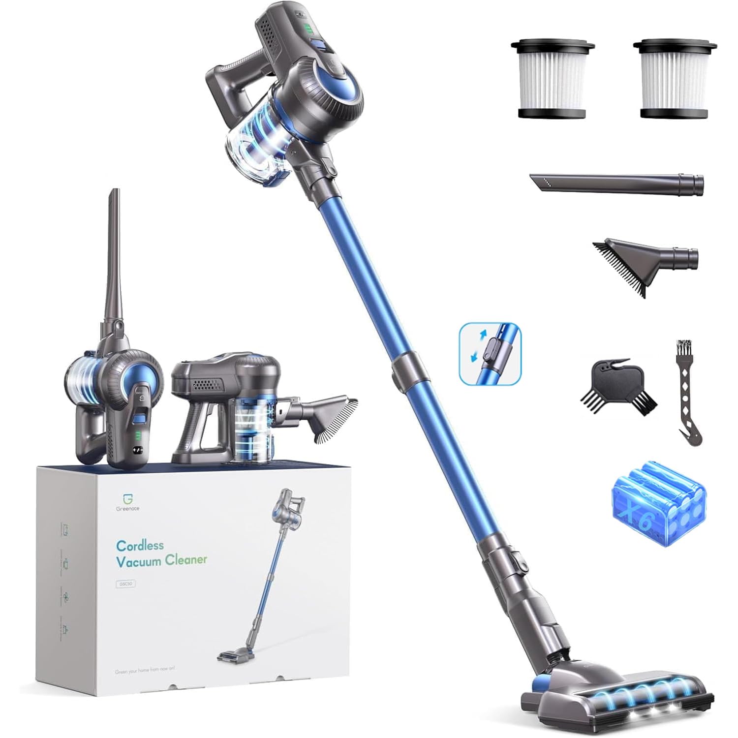Greenote aspiradora inalambrica, 22000 Pa aspiradora de Mano 4 en 1, 200 W aspiradoras potentes con LED, Vacuum Cleaner de función de autoportante, Cepillo para Suelos Duros/pelos de Mascotas