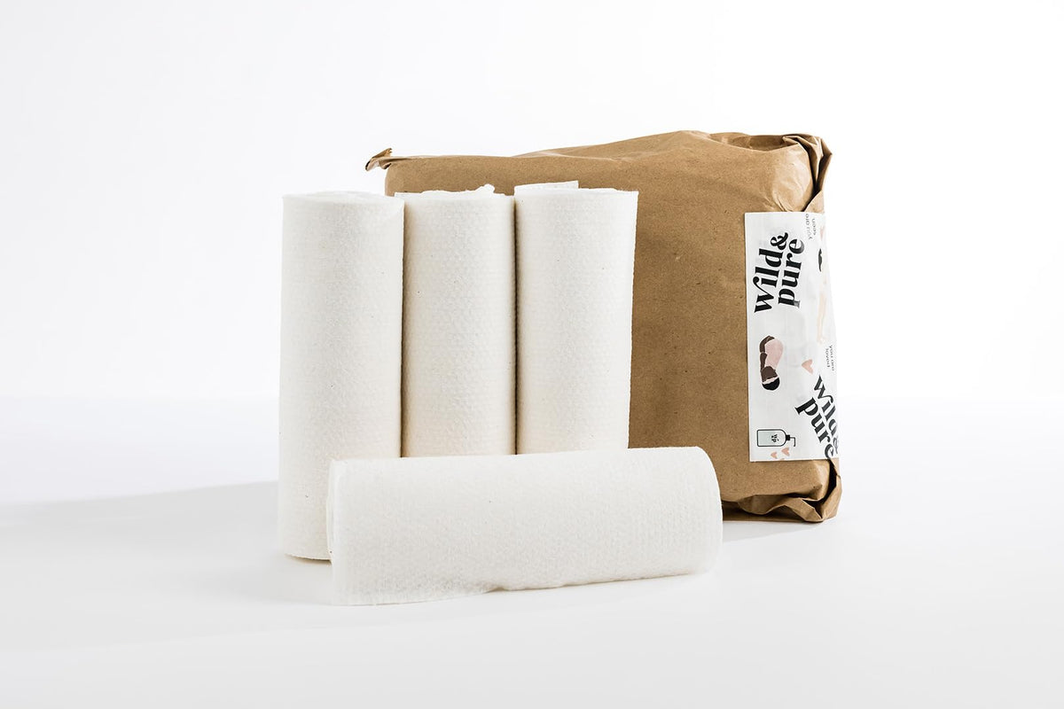 Wild & Pure Toallitas Secas 100% Algodón con Bolsa Dispensadora Y 4 Repuestos | | Sin Blanquear | Compostables | Reutilizables O Desechables | | Suaves Y Absorbentes (5 Rollos de 30 Hojas Cada Uno)