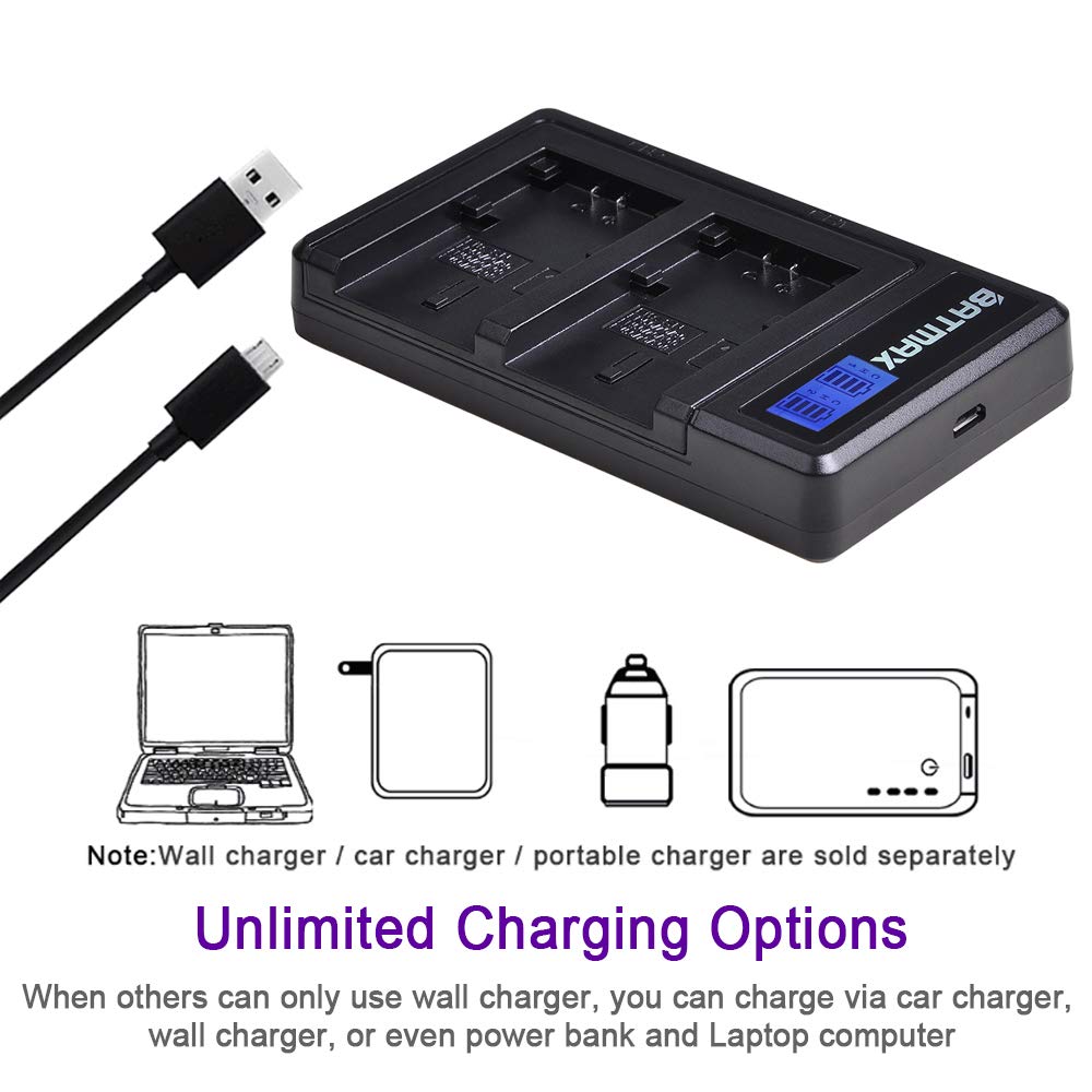Batmax - 2 baterías NP-FV100 de 3900 mAh + cargador dual USB LCD para Sony NP-FV100A; DCR-SR15, SR21, SR68, SX44, SX85, FDR-AX100, HDR-CX110, HDR-XR160, HDR-CX360V, CX560V, CX10V 7 V, V, HDHDHDHDR-P