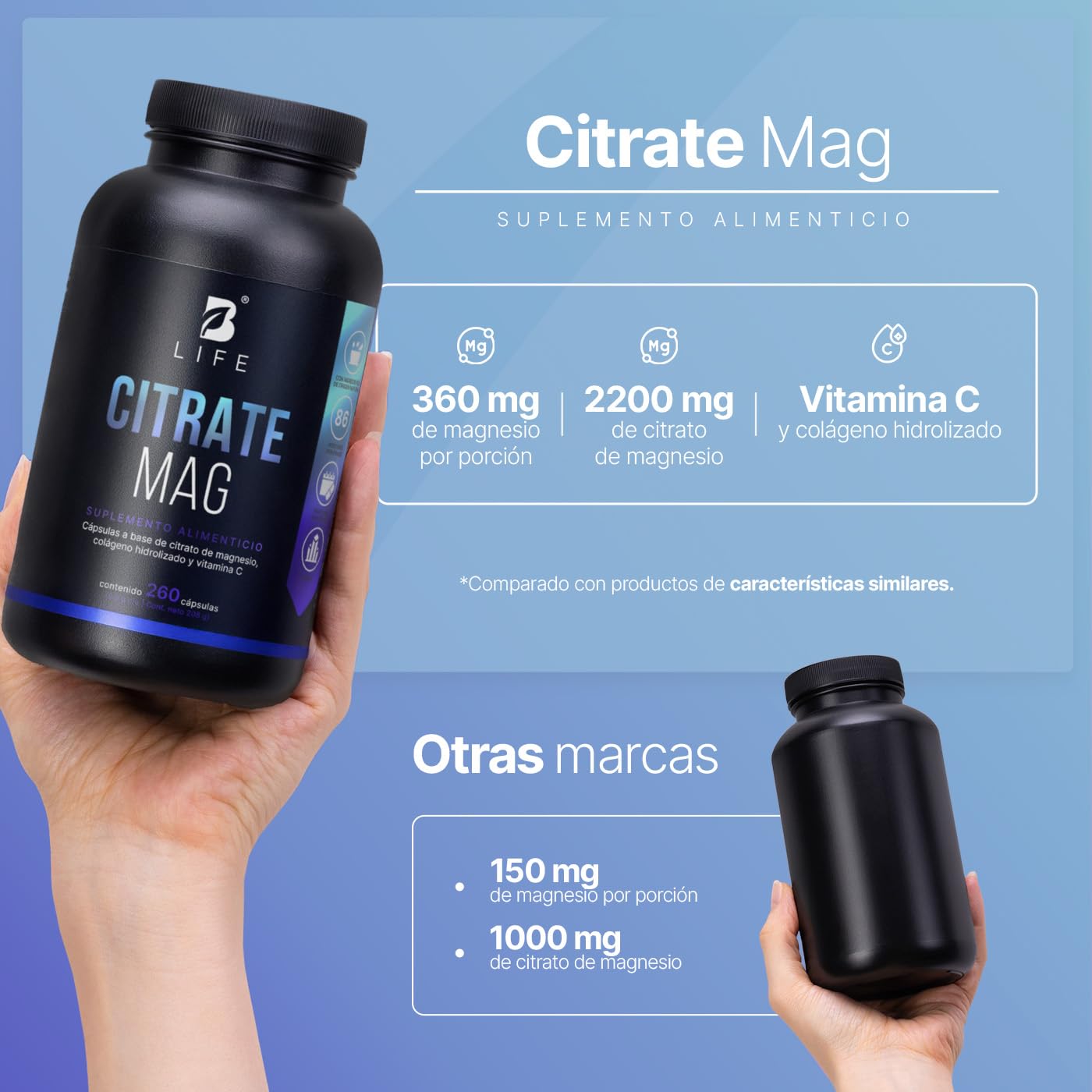 B Life | Citrato de Magnesio Puro | 260 cápsulas | 2400 mg por porción | Alta absorción | Adicionado con Vitamina C y Colágeno | Citrate Mag.