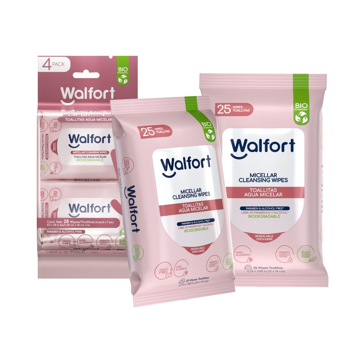 Walfort | Toallas Desmaquillantes con Agua Micelar, Limpieza Facial 3 en 1: Limpian, Desmaquillan e Hidratan (3, 4 Pack + 2 (25 pzs))