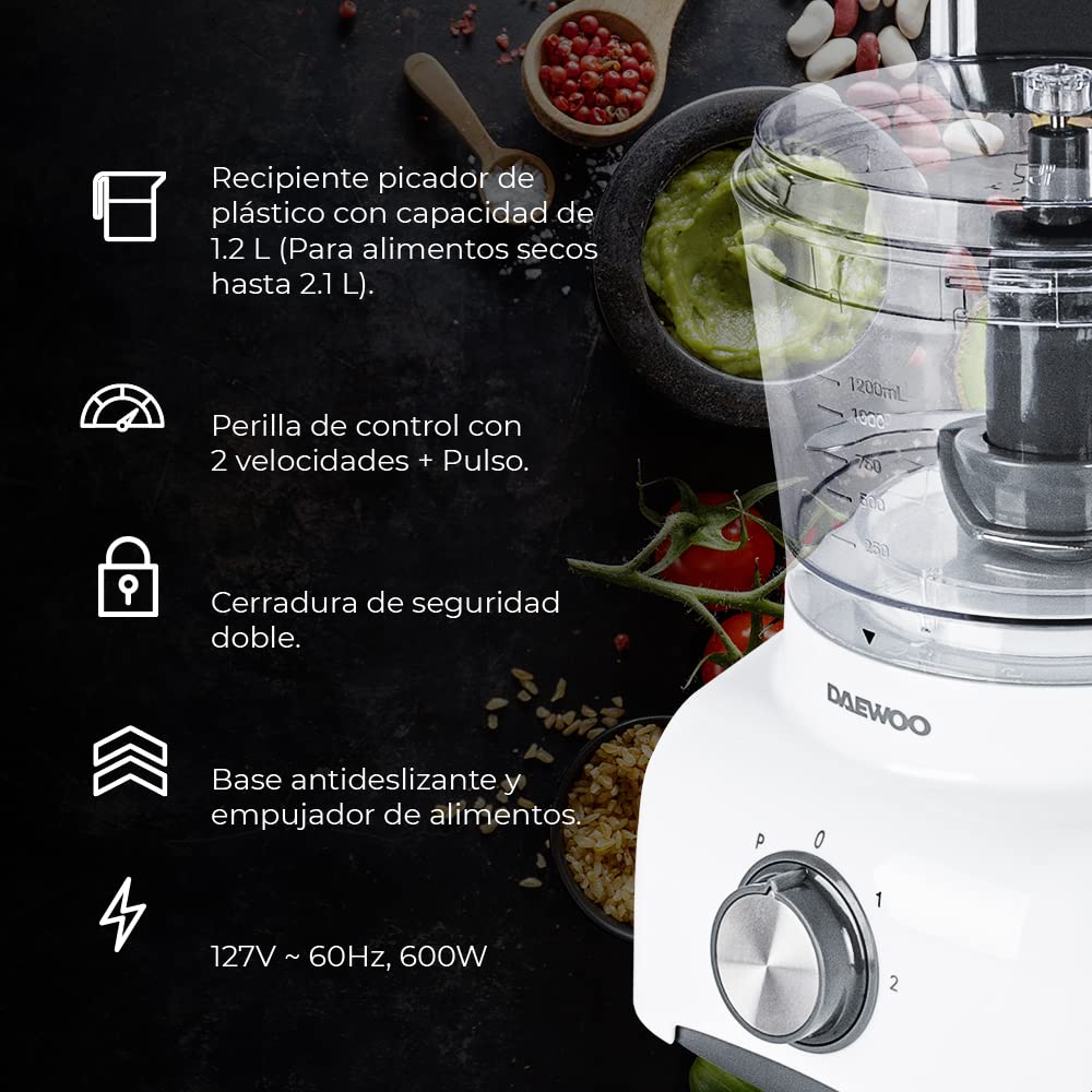 DAEWOO Procesador de alimentos de 2 velocidades más pulso, recipiente 1.2 Lts., mando de control de velocidad, doble bloqueo de seguridad, patas antideslizantes, potente motor de 600W