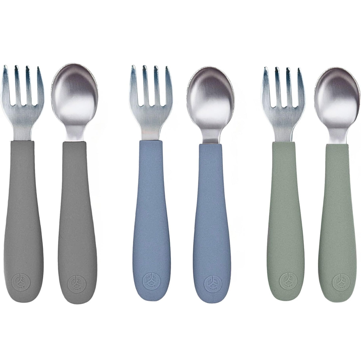 WeeSprout - Utensilios para niños pequeños, 3 tenedores y 3 cucharas, acero inoxidable 18/8 y silicona de grado alimenticio, asas gruesas de fácil agarre, longitud perfecta para nuevos