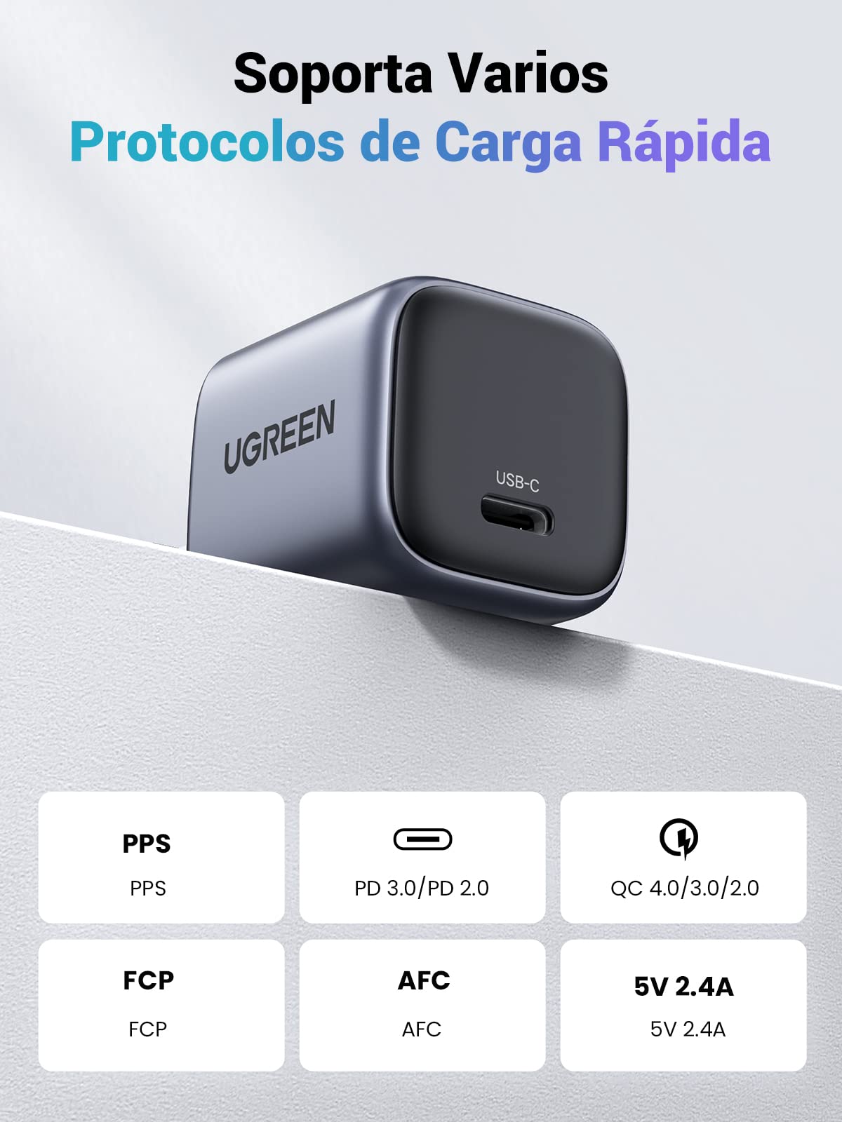 Cargador USB C UGREEN Nexode Blanco 30W Mini GAN Carga Rápida para Galaxy y iPhone