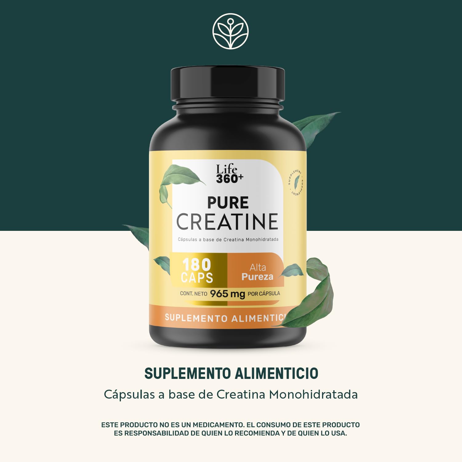 LIFE 360+ Pure Creatine | 180 Cápsulas | Creatina Monohidratada en Cápsulas | Cáps de Gelatina Dura | 60 Porciones por Envase | Sin Colorantes Añadidos