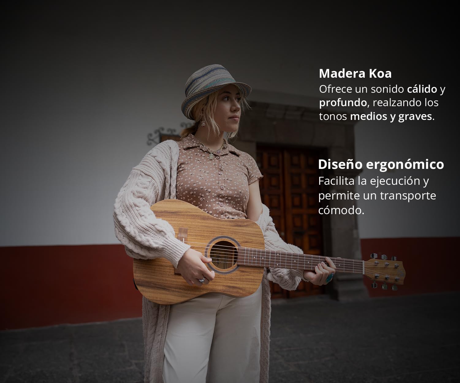 BAMBOO, Guitarra Electroacustica Travel Koa con Funda Negra, 34 pulgadas, madera Koa