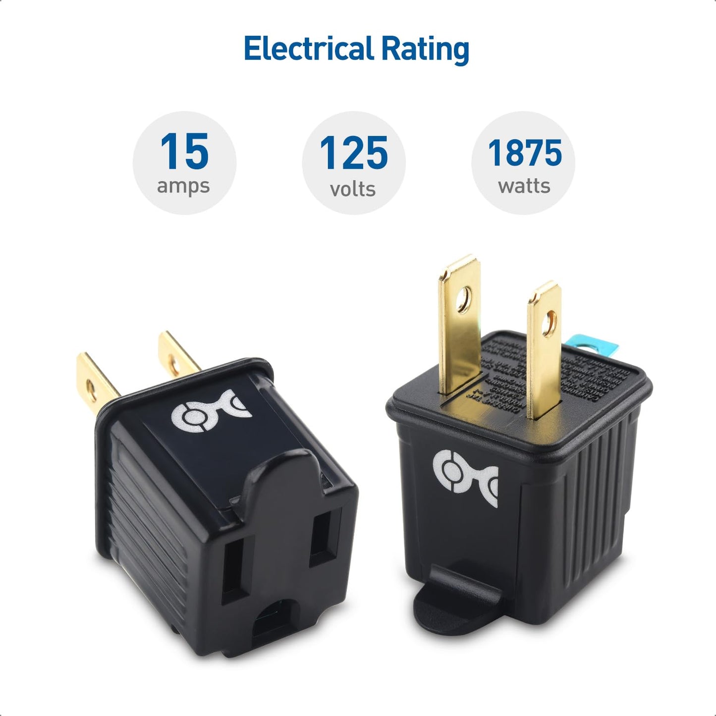Cable Matters - Paquete de 3 adaptadores de 2 clavijas a 3 clavijas, adaptador de enchufe 3P a 2P - Convierte una toma de 2 clavijas para soportar enchufes de 3 clavijas, negro
