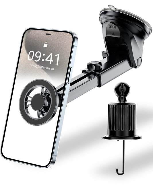 BYASKZIV Soporte para Celular Automovil 3 en 1, Magnético Porta Celular para Auto con Gancho y Ventosa para Rejilla o Parabrisas, para iPhone 15/14/13 Pro MAX, Huawei, Motorola, Xiaomi 14 Ultra