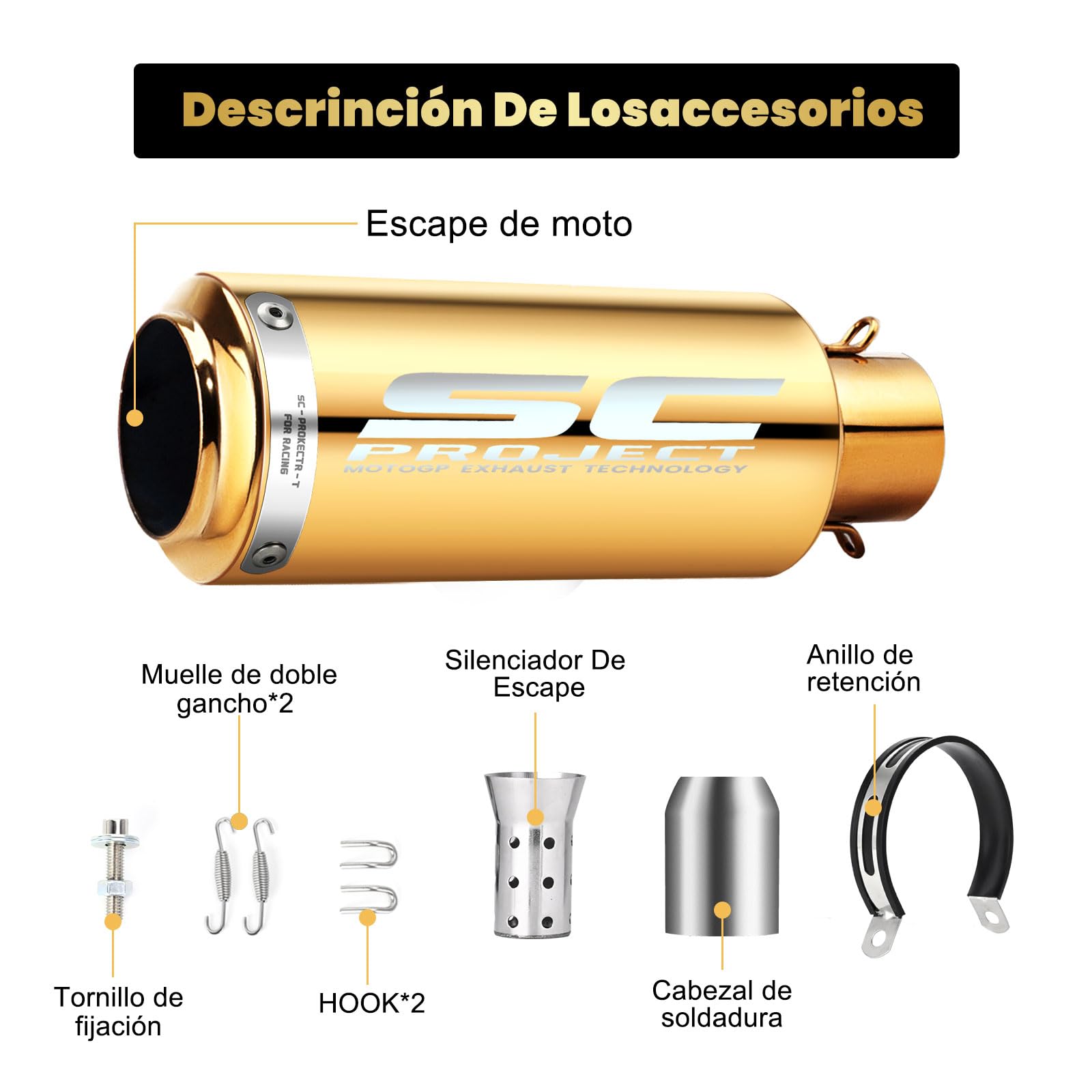 Kayoosi Escape de Moto Gold, Tubos de Silenciador de Escape Universal de 51mm, Tubo de Escape de Acero Inoxidable para Motos, Street Bikes, Dirt Bikes, Atvs Y Más, Scooters (Dorado)