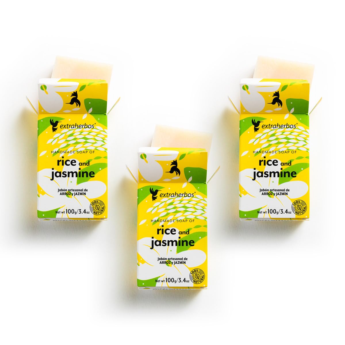 Extraherbos Pack 3 Jabones de Arroz y Jazmín Artesanales 100g c/u - Despigmentante y Aclarante Natural - Suave Exfoliante para Rostro y Cuerpo - Hecho a Mano con Ingredientes Orgánicos - Vegano, Cruelty Free