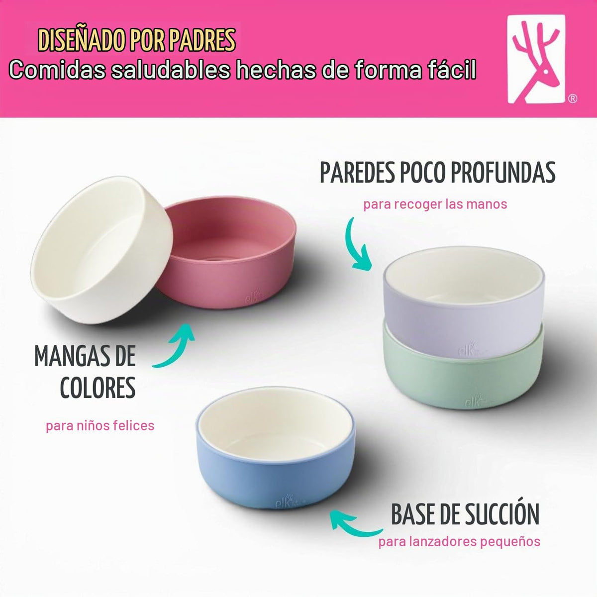 Elk and Friends Tazas de porcelana para niños con mangas de succión de silicona | Adecuadas para bebés/niños pequeños | Apto para microondas y lavavajillas | Vajilla que se queda en su lugar | Tazas