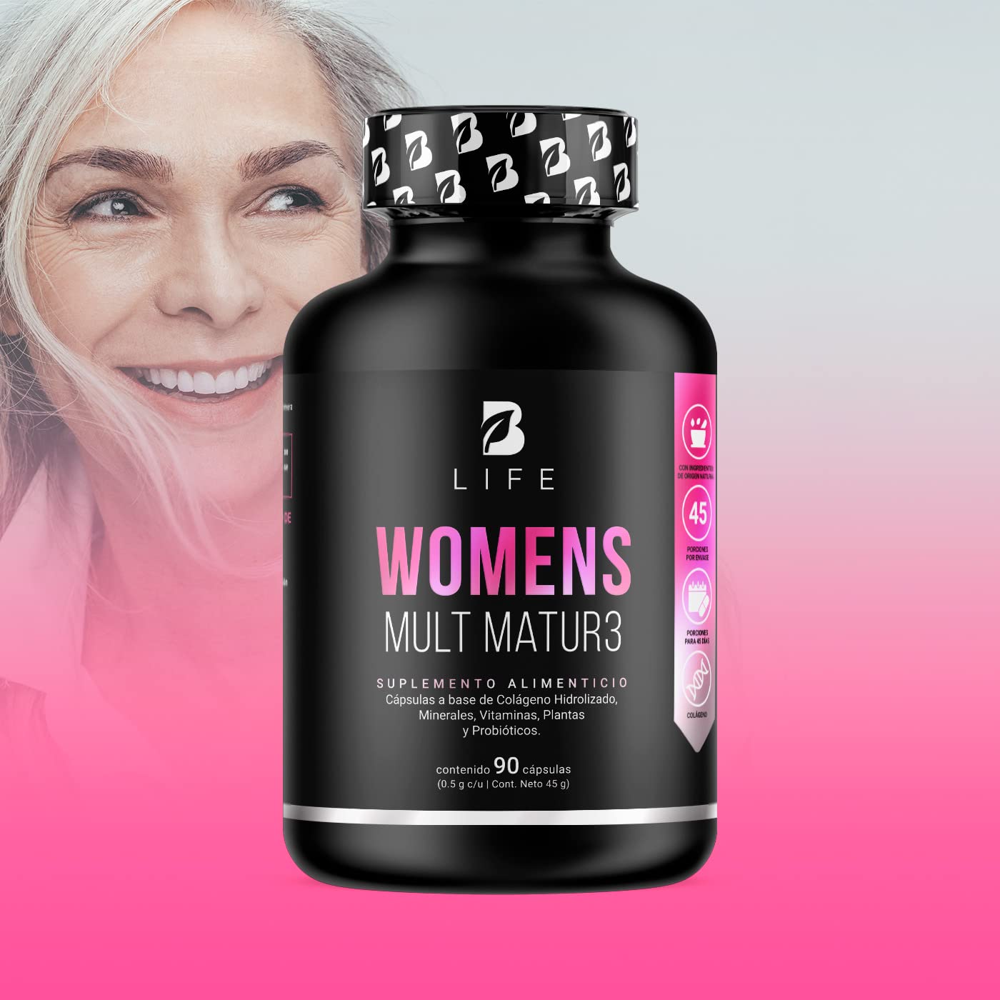 B Life Company Multivitamínico para Mujer Mayor de 40 años con 90 Cápsulas. Ingredientes naturales: Colágeno, Inositol, Maca, Probioticos. Womens Mult Mature.