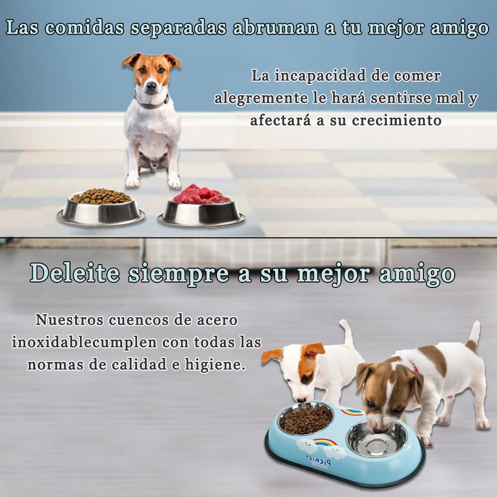 Platos REKOBON Azul de Acero Inoxidable Antideslizantes con Dibujos Animados para Mascotas Pequeñas y Medianas